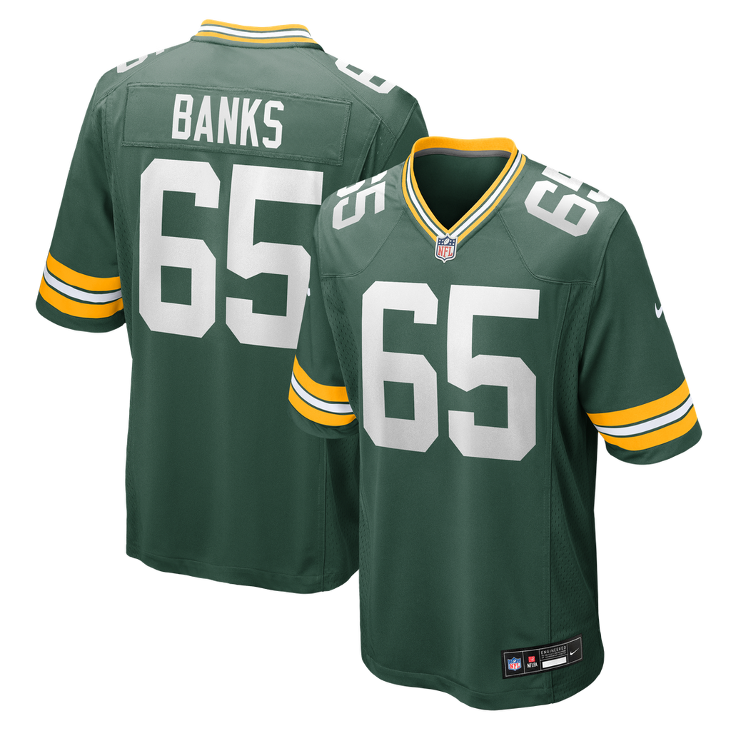 Green Bay Packers Aaron Banks Nike Green Team Game Jersey product image 1, provided for visual reference and product detail