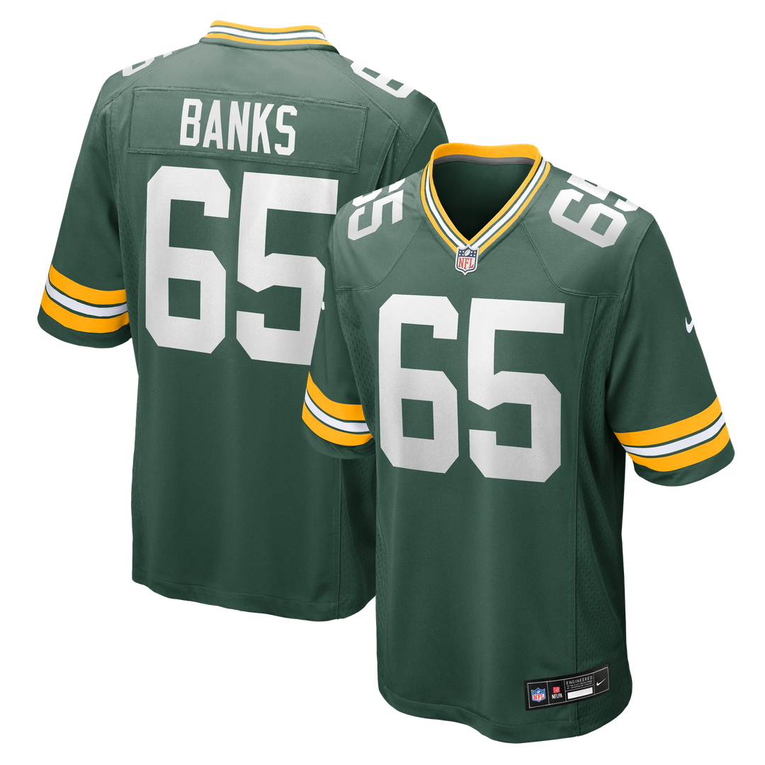Green Bay Packers Aaron Banks Nike Green Team Game Jersey product image 1, provided for visual reference and product detail