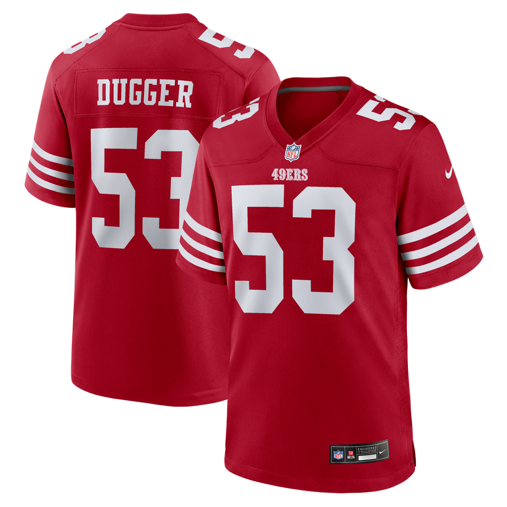 San Francisco 49ers Jaden Dugger III Nike Scarlet Team Game Jersey product image 1, provided for visual reference and