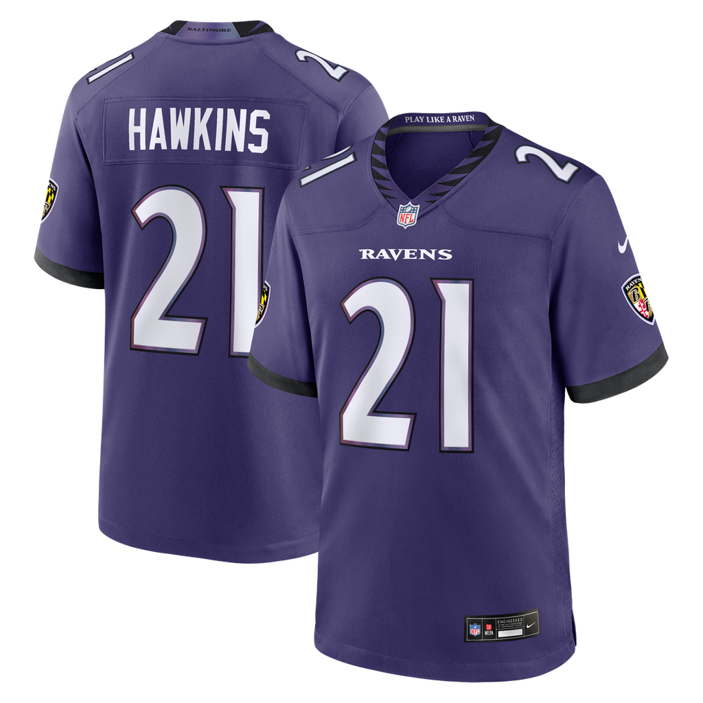 Baltimore Ravens Jaylinn Hawkins Nike Purple Team Game Jersey product image 1, provided for visual reference and product