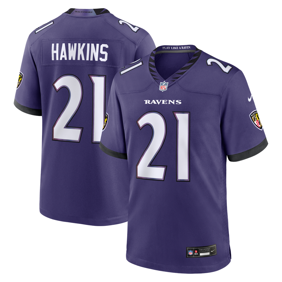 Baltimore Ravens Jaylinn Hawkins Nike Purple Team Game Jersey product image 1, provided for visual reference and product