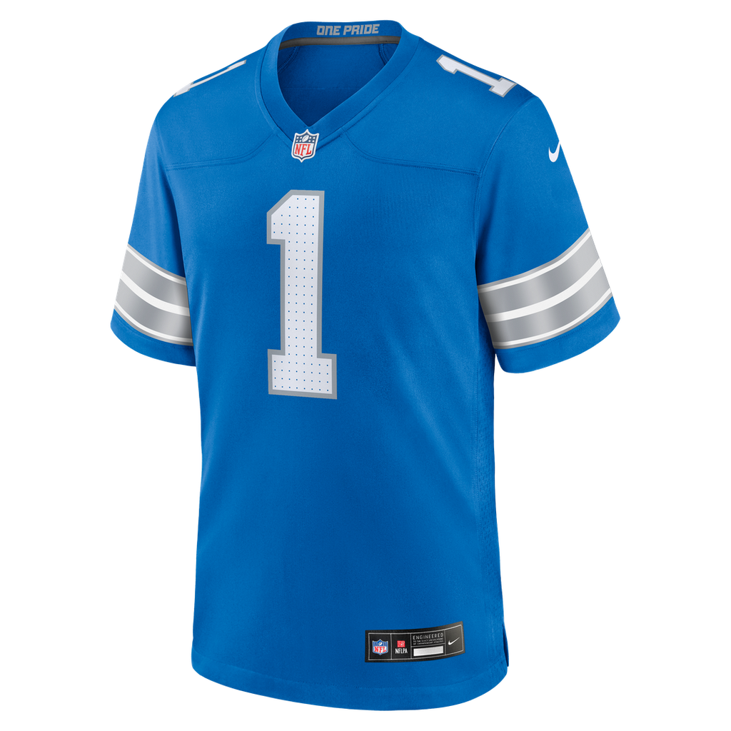 Detroit Lions Number 1 Dad Nike Blue Game Jersey product image 2, provided for visual reference and product detail review