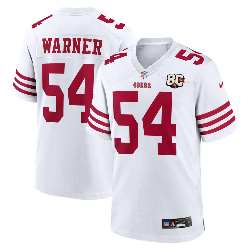 San Francisco 49ers Fred Warner Nike White 80th Anniversary Game Jersey product image 1, provided for visual reference and
