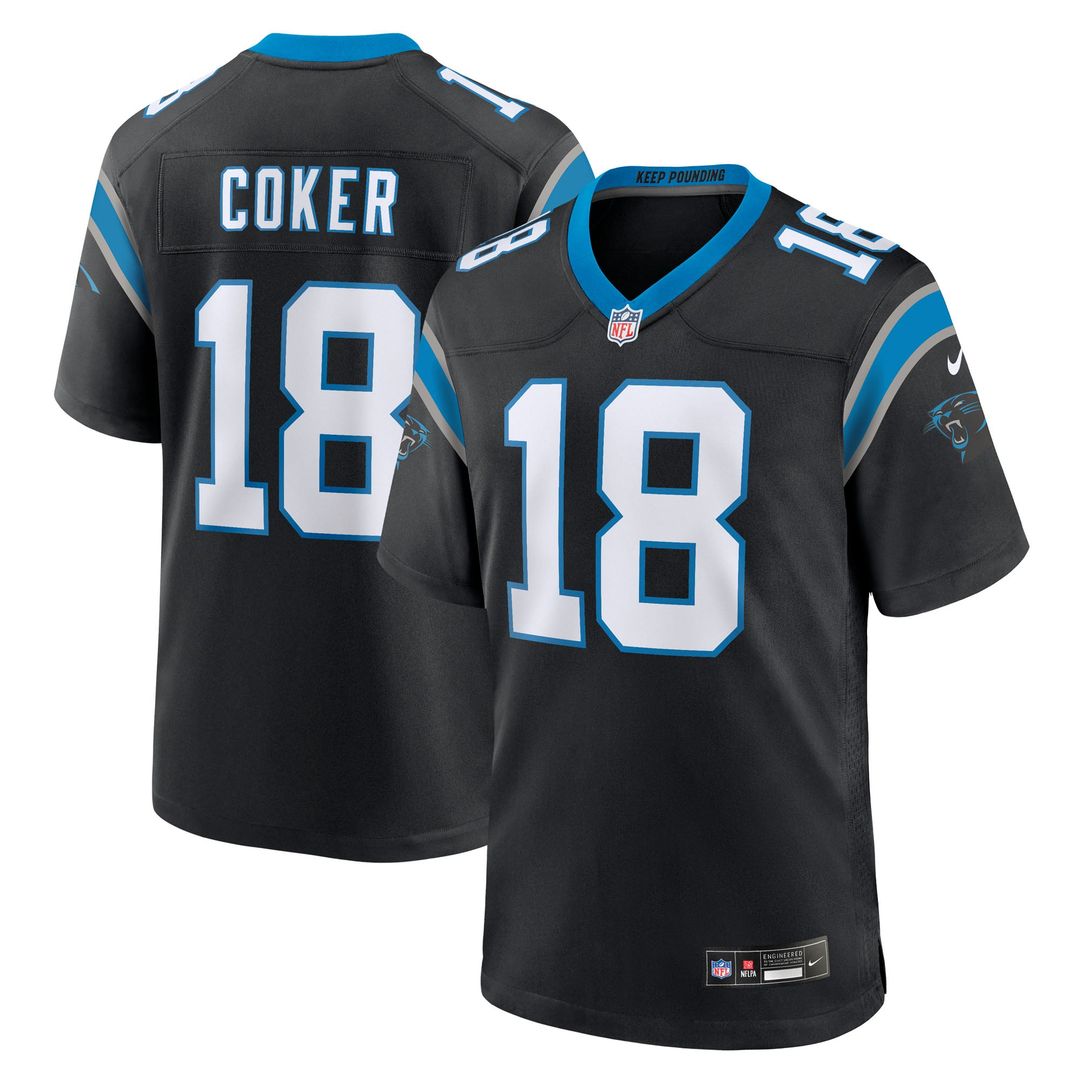 Carolina Panthers Jalen Coker Nike Black Team Game Jersey product image 1, provided for visual reference and product detail