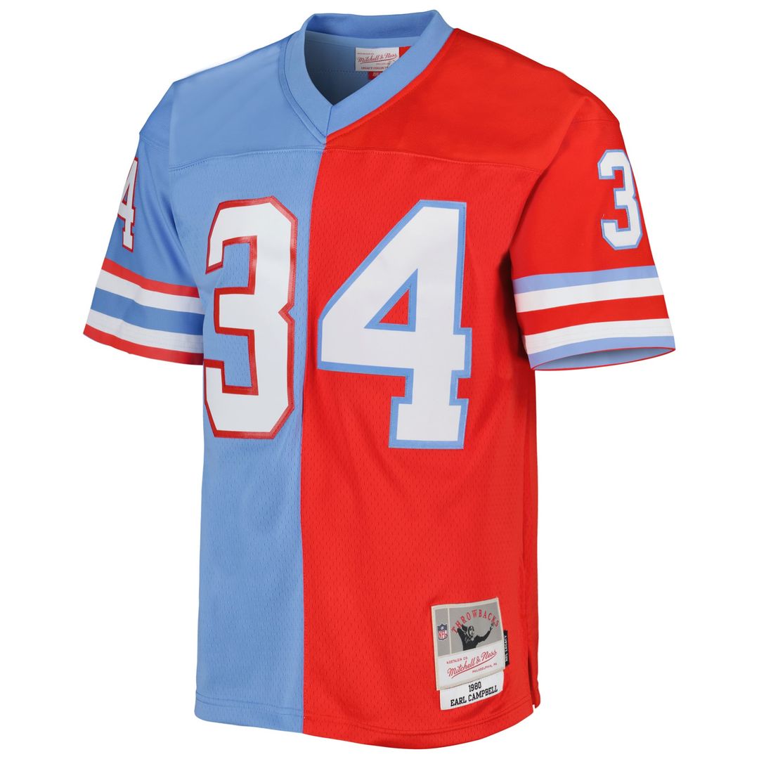 Houston Oilers Earl Campbell Mitchell & Ness Red/Light Blue Gridiron Classics 1980 Split Legacy Replica Jersey product image