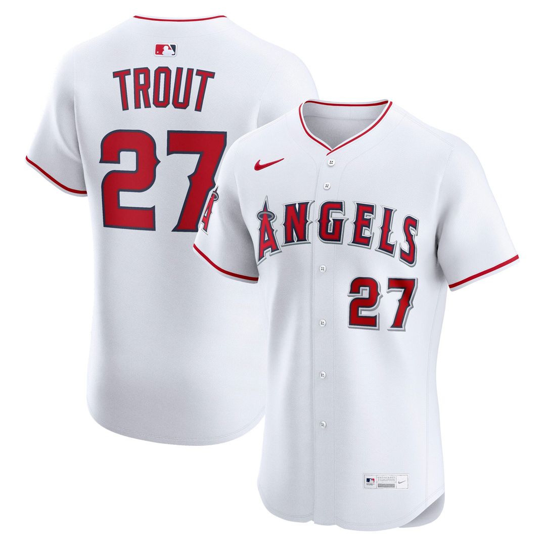 Los Angeles Angels Mike Trout Nike White Home Elite Player Jersey product image 1, provided for visual reference and product