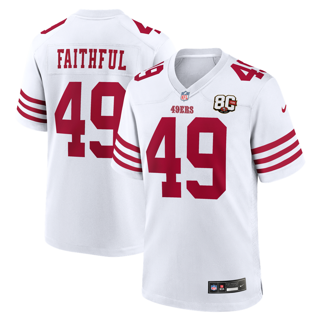 San Francisco 49ers The Faithful Nike White 80th Anniversary Game Jersey product image 1, provided for visual reference and