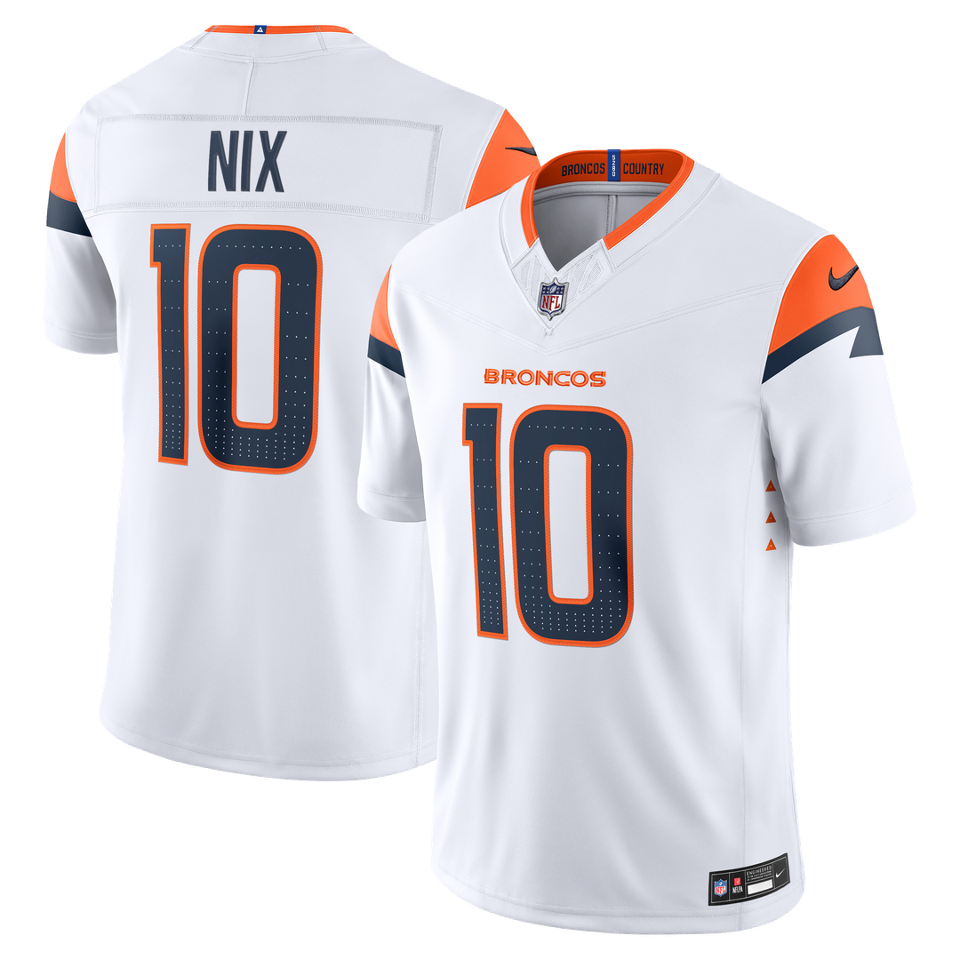 Denver Broncos Bo Nix Nike White Vapor F.U.S.E. Stitched Limited Jersey product image 1, provided for visual reference and