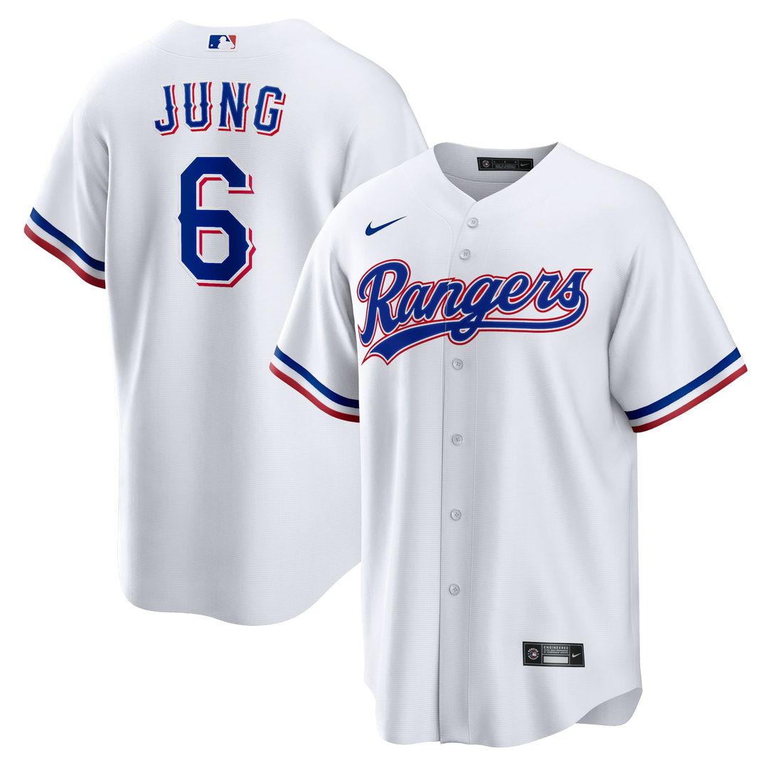 Texas Rangers Josh Jung Nike White Replica Player Jersey product image 1, provided for visual reference and product detail
