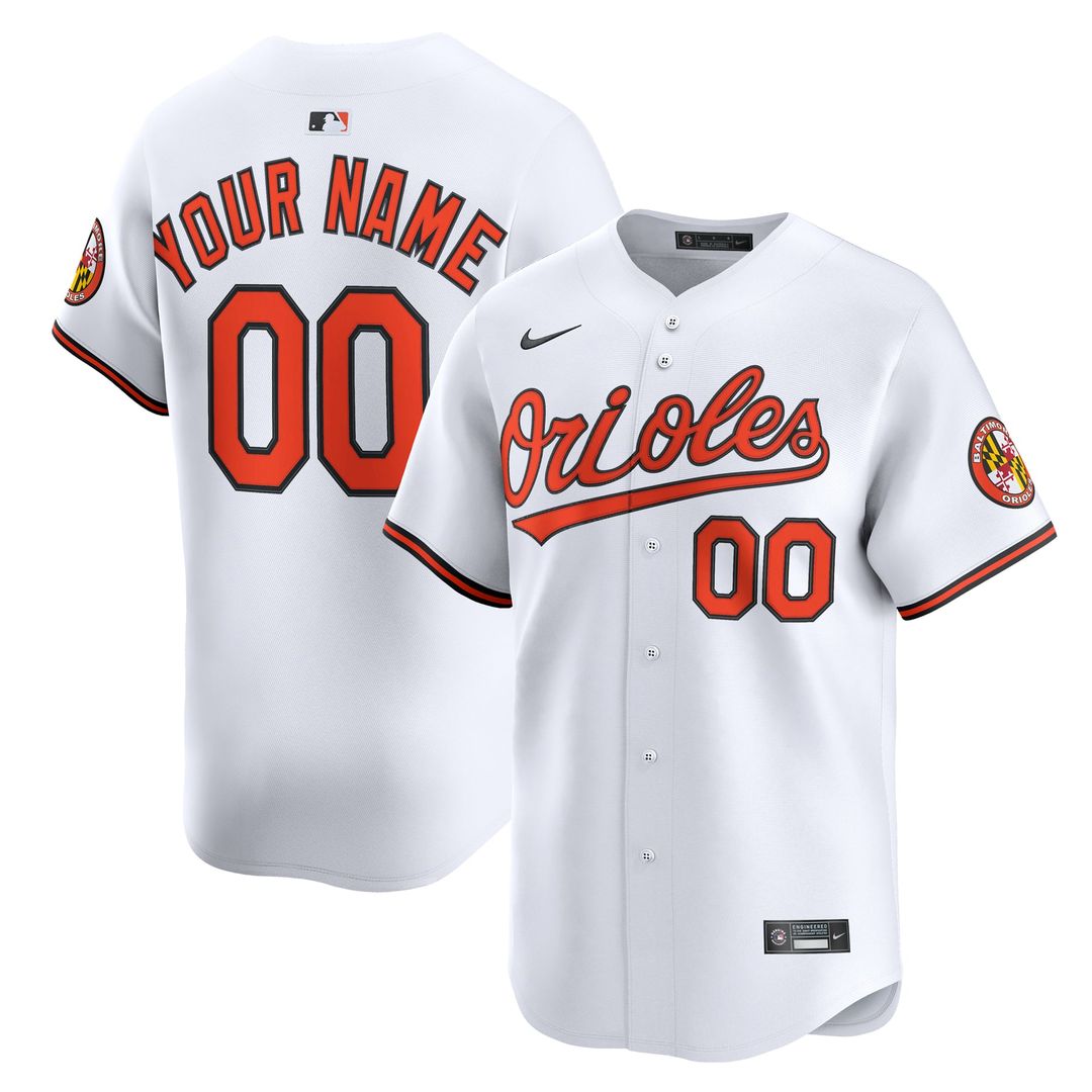 Baltimore Orioles Nike White Home Limited Custom Jersey product image 1, provided for visual reference and product detail