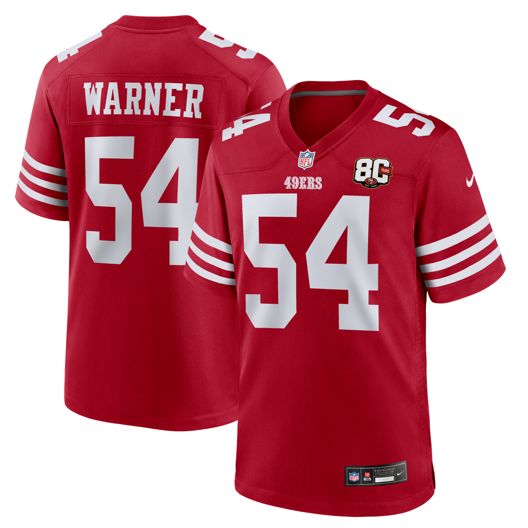San Francisco 49ers Fred Warner Nike Scarlet 80th Anniversary Game Jersey product image 1, provided for visual reference and