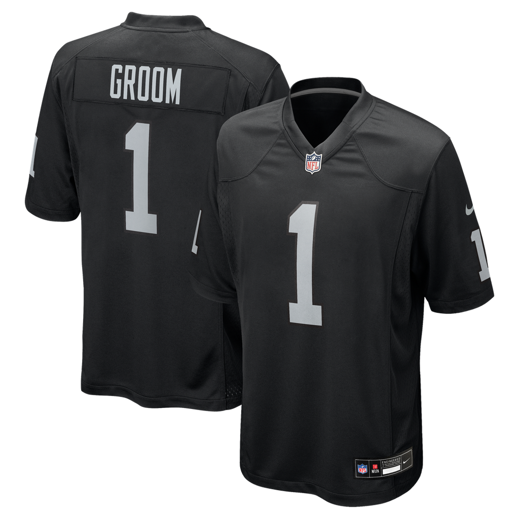 Las Vegas Raiders Number 1 Groom Nike Black Game Jersey product image 1, provided for visual reference and product detail