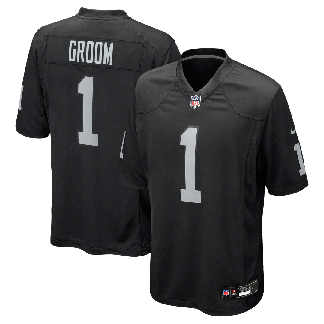 Las Vegas Raiders Number 1 Groom Nike Black Game Jersey product image 1, provided for visual reference and product detail