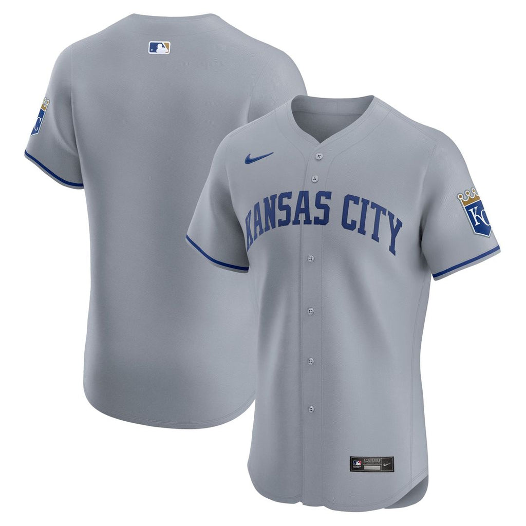 Kansas City Royals Nike Gray Road Vapor Premier Elite Patch Jersey product image 1, provided for visual reference and