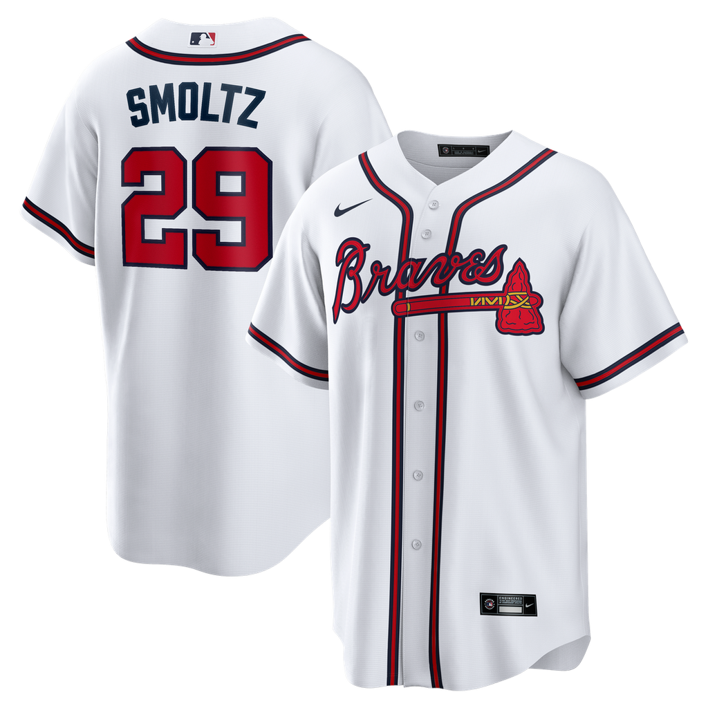 Atlanta Braves John Smoltz Nike White Home Retired Player Replica Jersey product image 1, provided for visual reference and