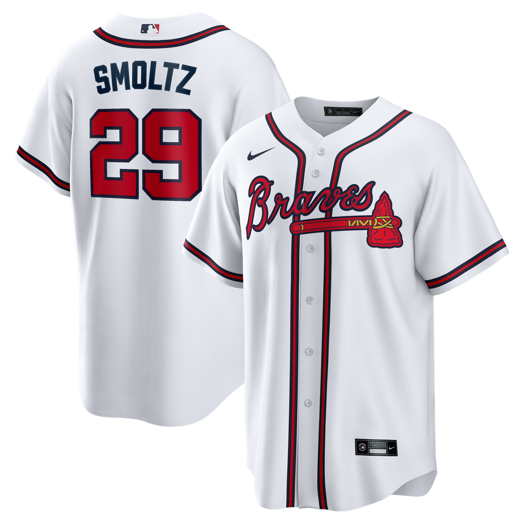 Atlanta Braves John Smoltz Nike White Home Retired Player Replica Jersey product image 1, provided for visual reference and