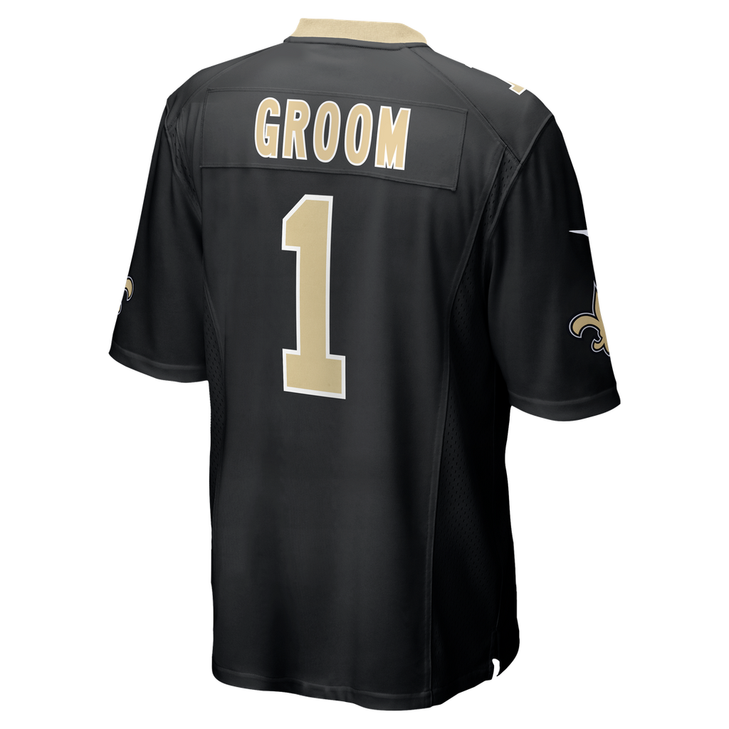 New Orleans Saints Number 1 Groom Nike Black Game Jersey product image 3, provided for visual reference and product detail
