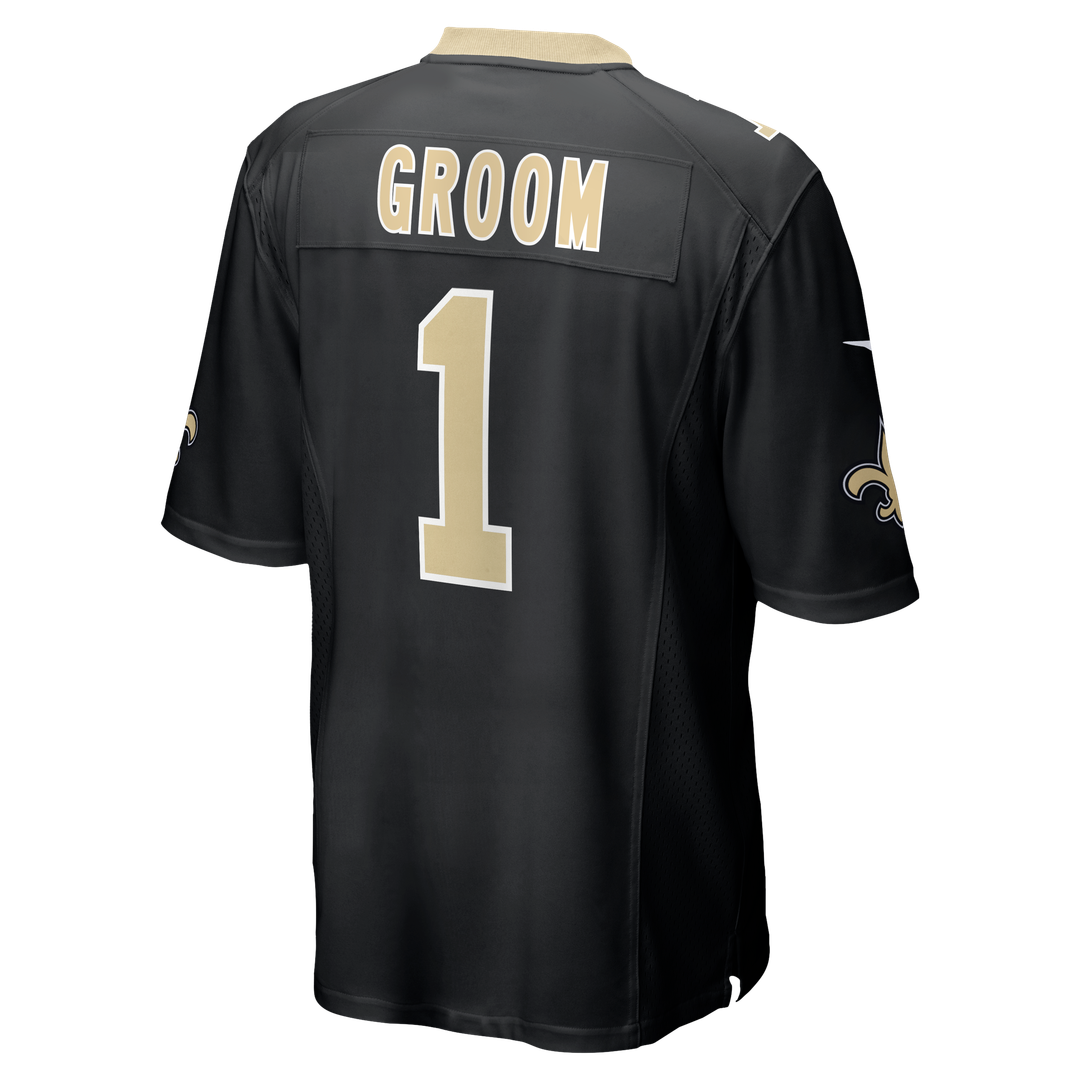 New Orleans Saints Number 1 Groom Nike Black Game Jersey product image 3, provided for visual reference and product detail
