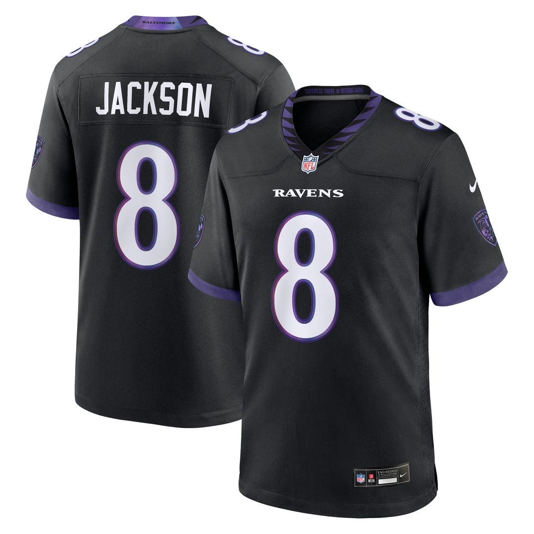 Baltimore Ravens Lamar Jackson Nike Black Alternate Game Jersey product image 1, provided for visual reference and product