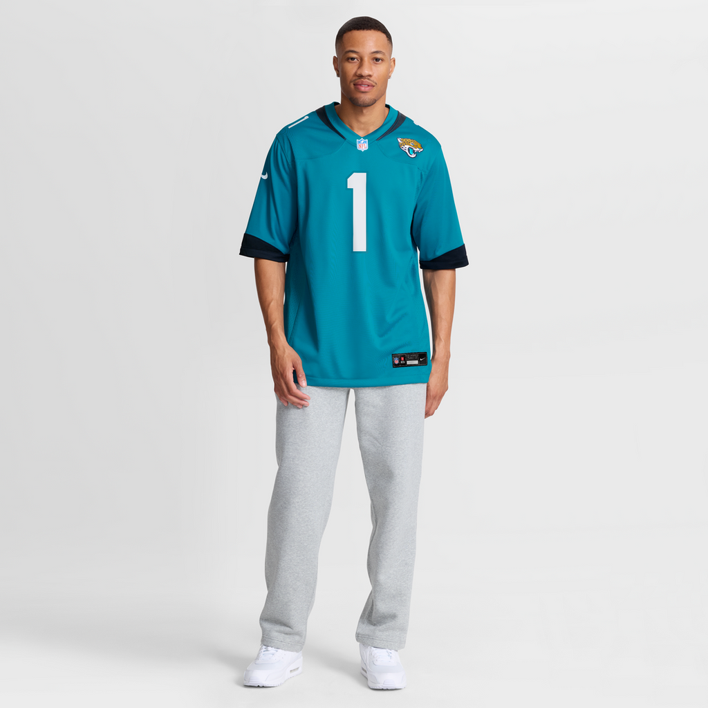 Jacksonville Jaguars Number 1 Groom Nike Teal Game Jersey product image 7, provided for visual reference and product detail