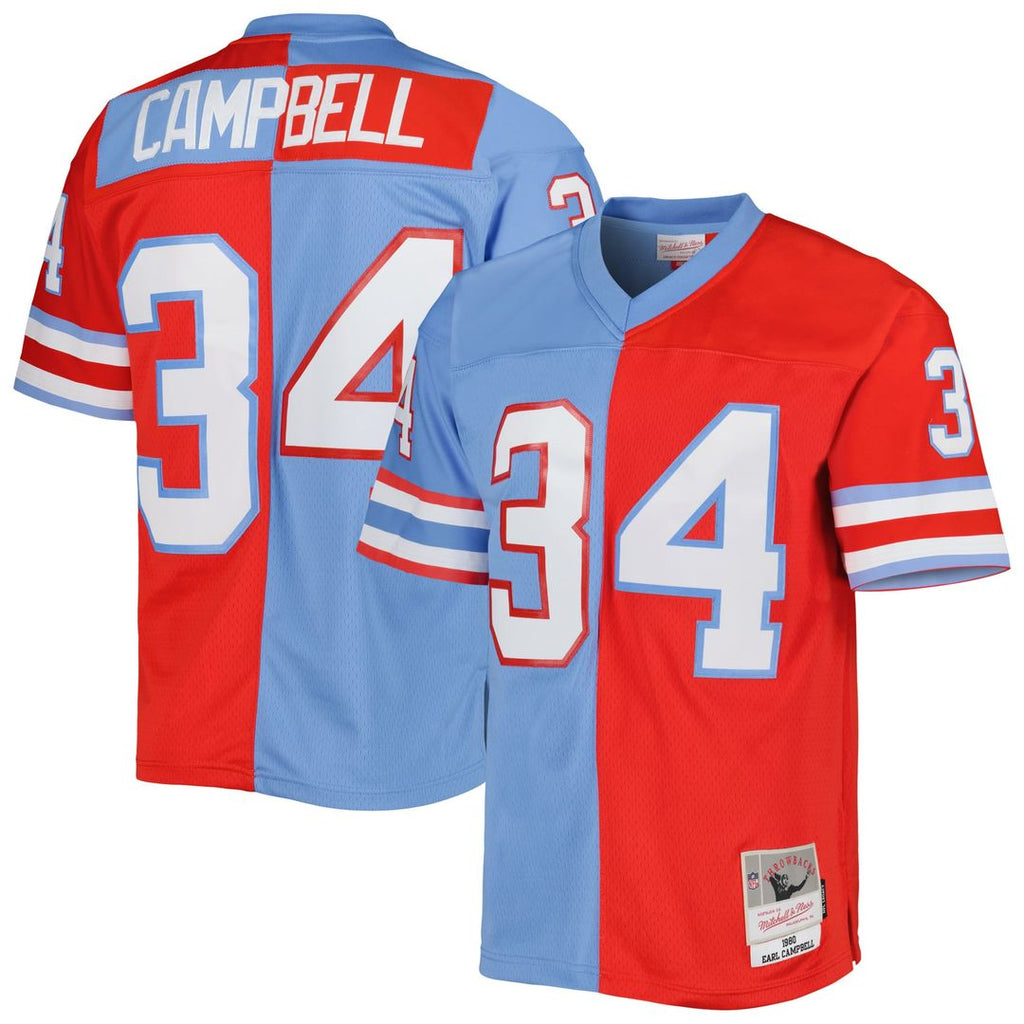 Houston Oilers Earl Campbell Mitchell & Ness Red/Light Blue Gridiron Classics 1980 Split Legacy Replica Jersey product image