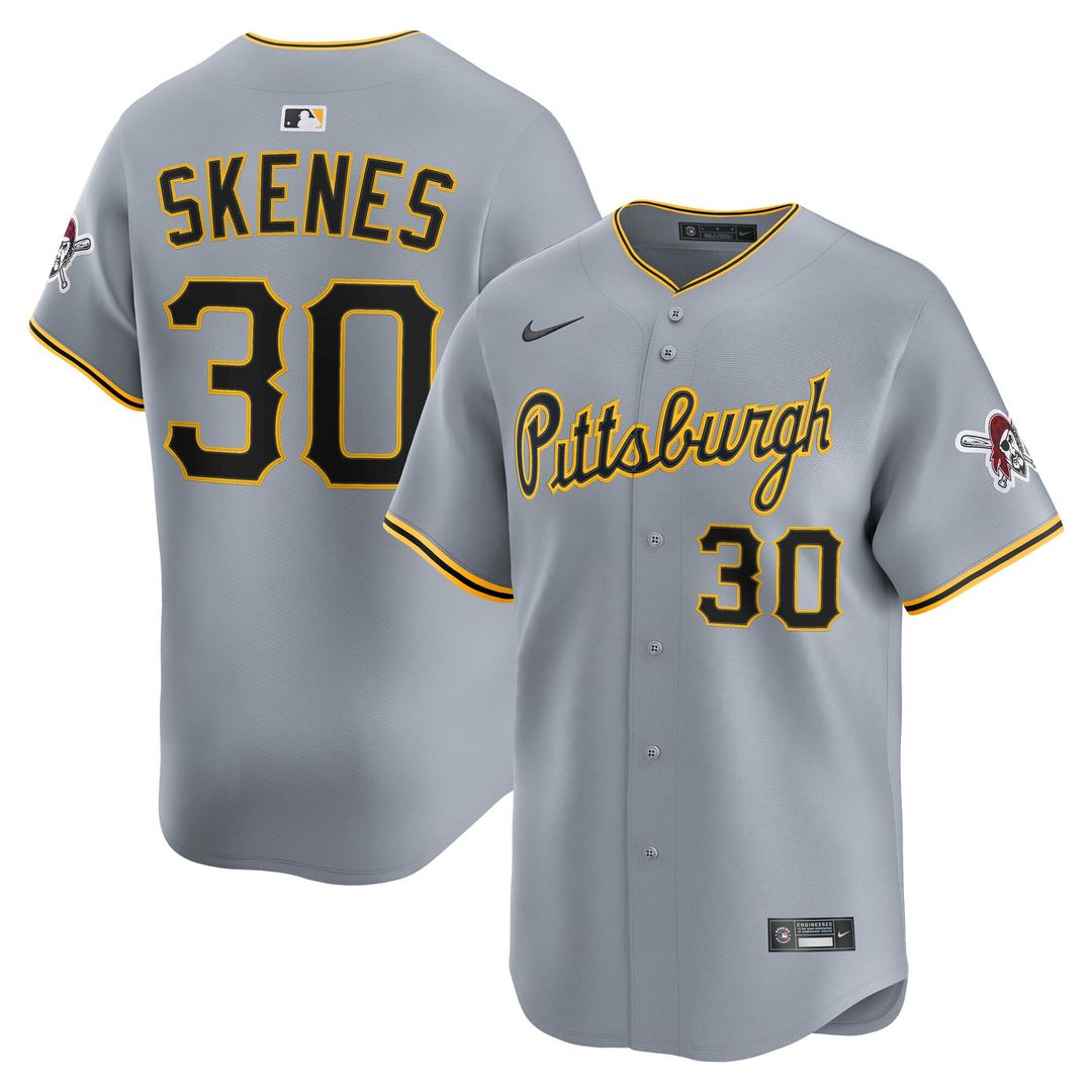 Pittsburgh Pirates Paul Skenes Nike Gray Road Limited Player Jersey product image 1, provided for visual reference and