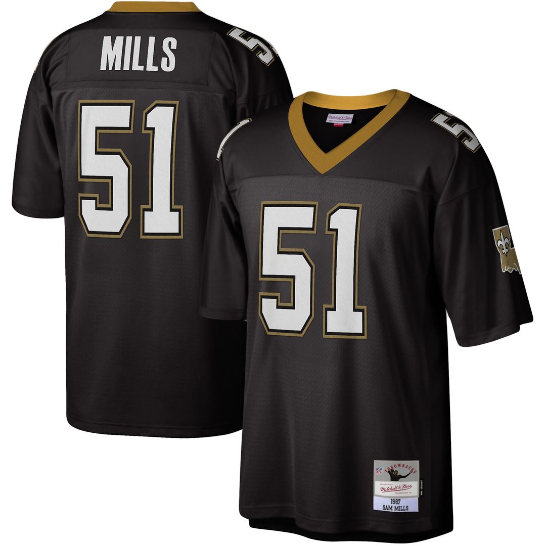 New Orleans Saints Sam Mills Mitchell & Ness Black Legacy Replica Jersey product image 1, provided for visual reference and