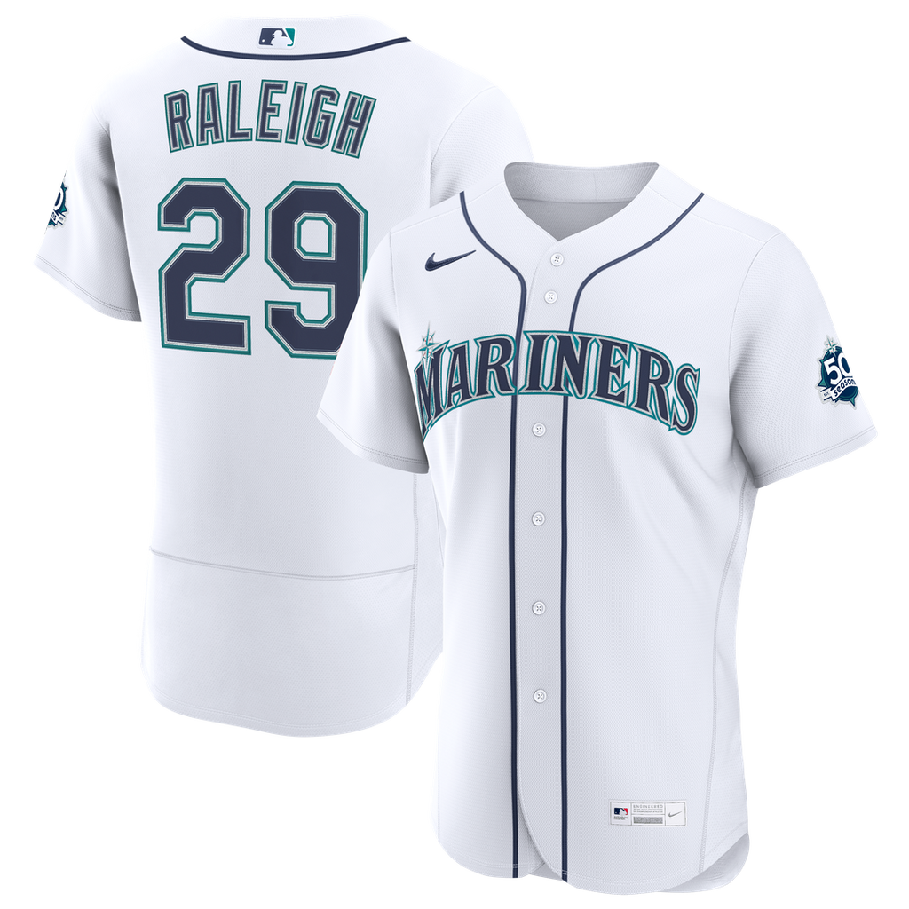 Seattle Mariners Cal Raleigh Nike White Home 50th Season Authentic Jersey product image 1, provided for visual reference and