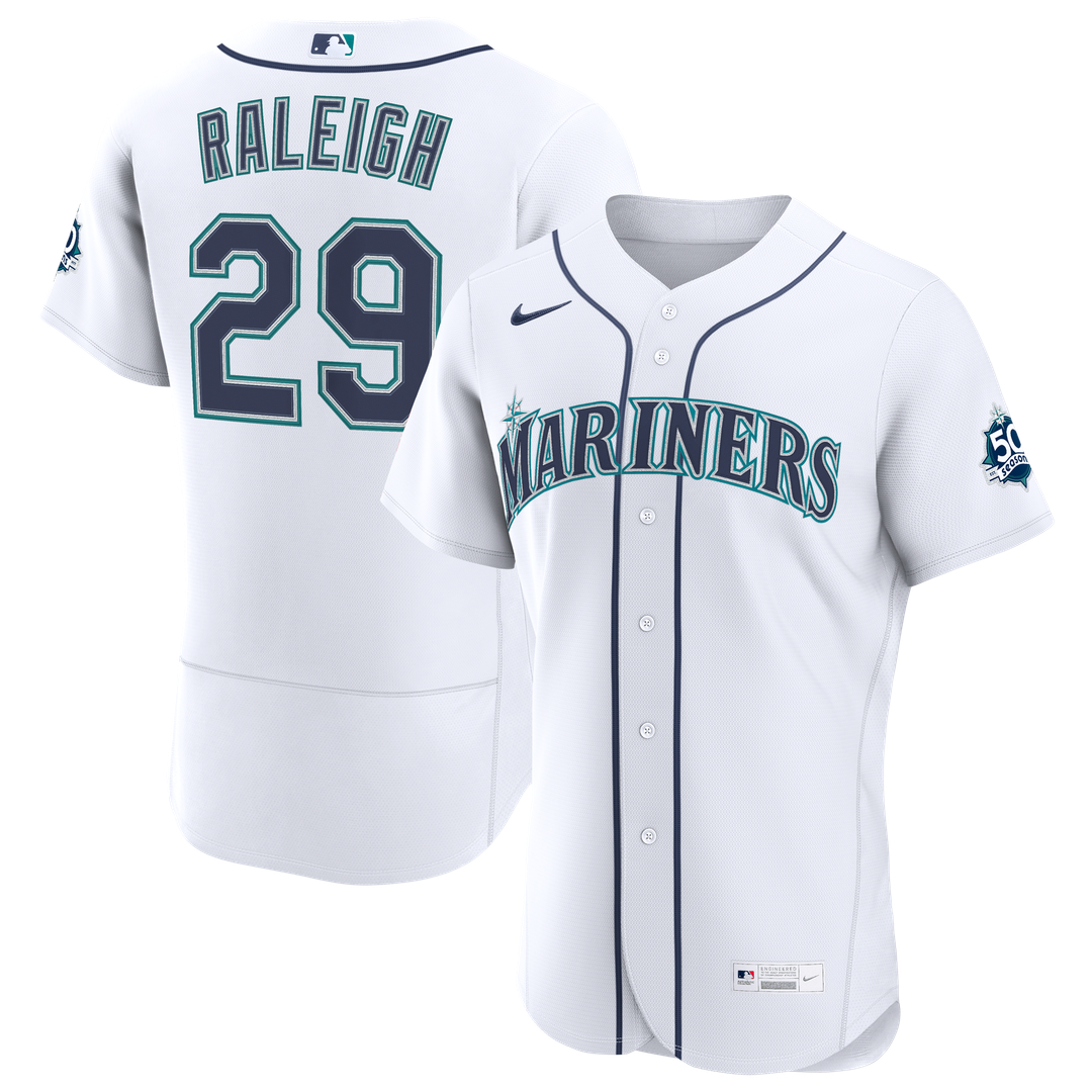 Seattle Mariners Cal Raleigh Nike White Home 50th Season Authentic Jersey product image 1, provided for visual reference and