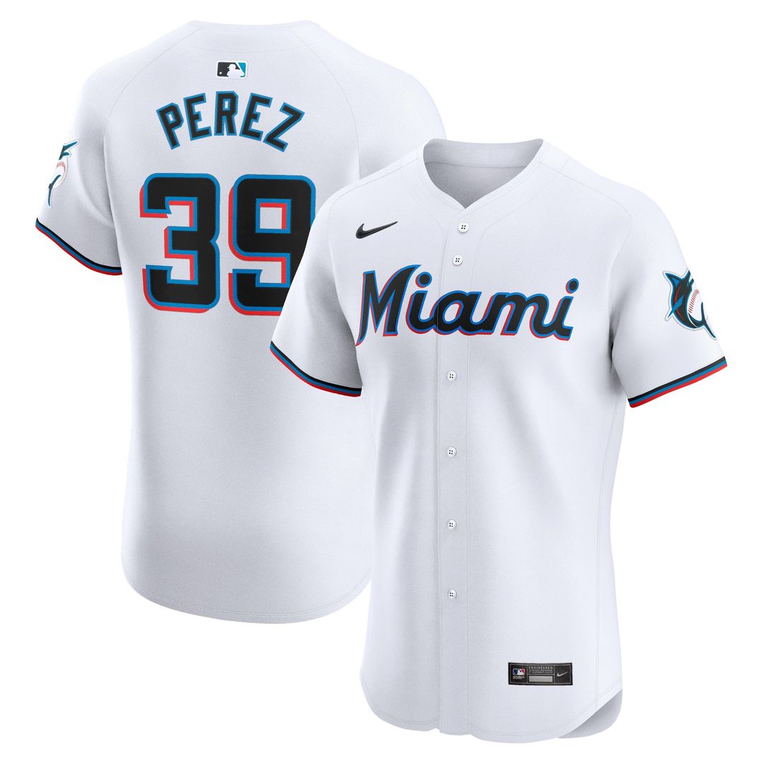 Miami Marlins Eury Perez Nike White Home Elite Player Jersey product image 1, provided for visual reference and product
