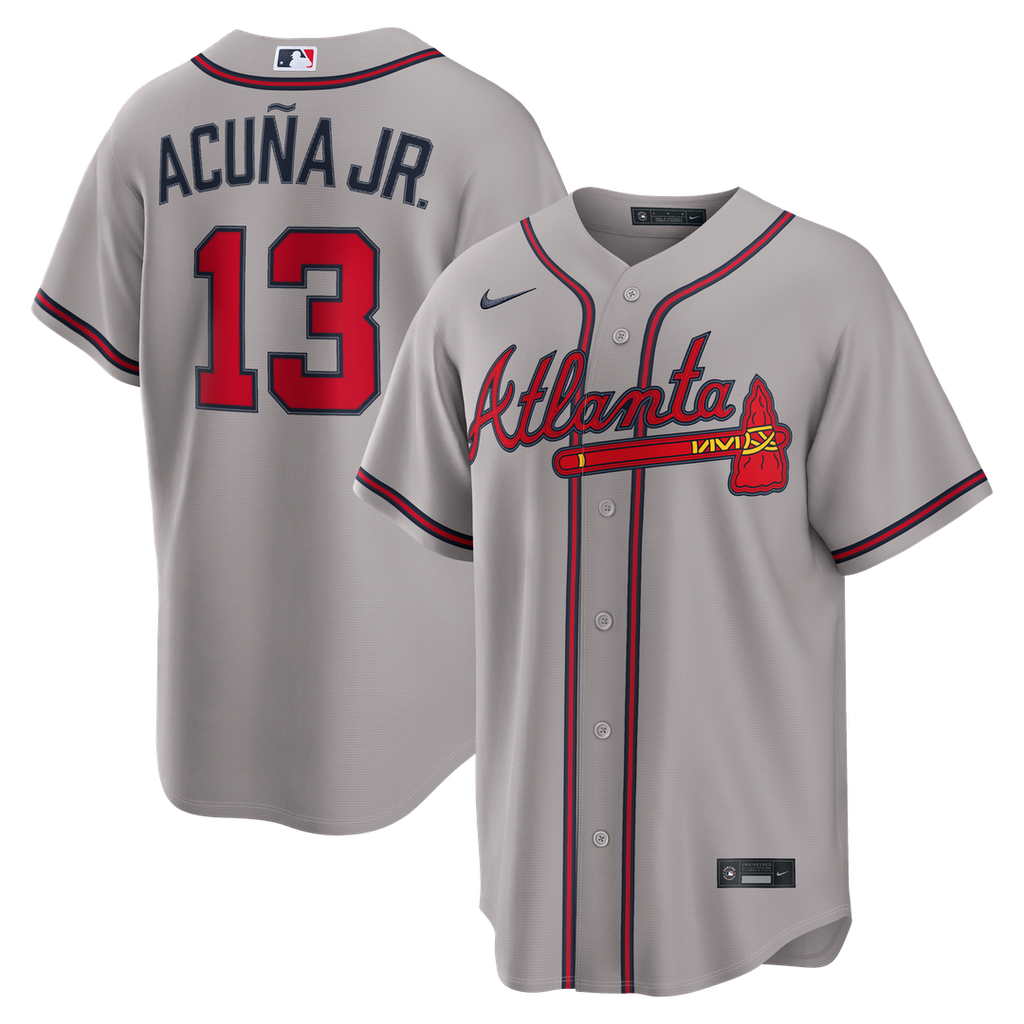 Atlanta Braves Ronald Acuña Jr. Nike Gray Road Replica Jersey product image 1, provided for visual reference and product