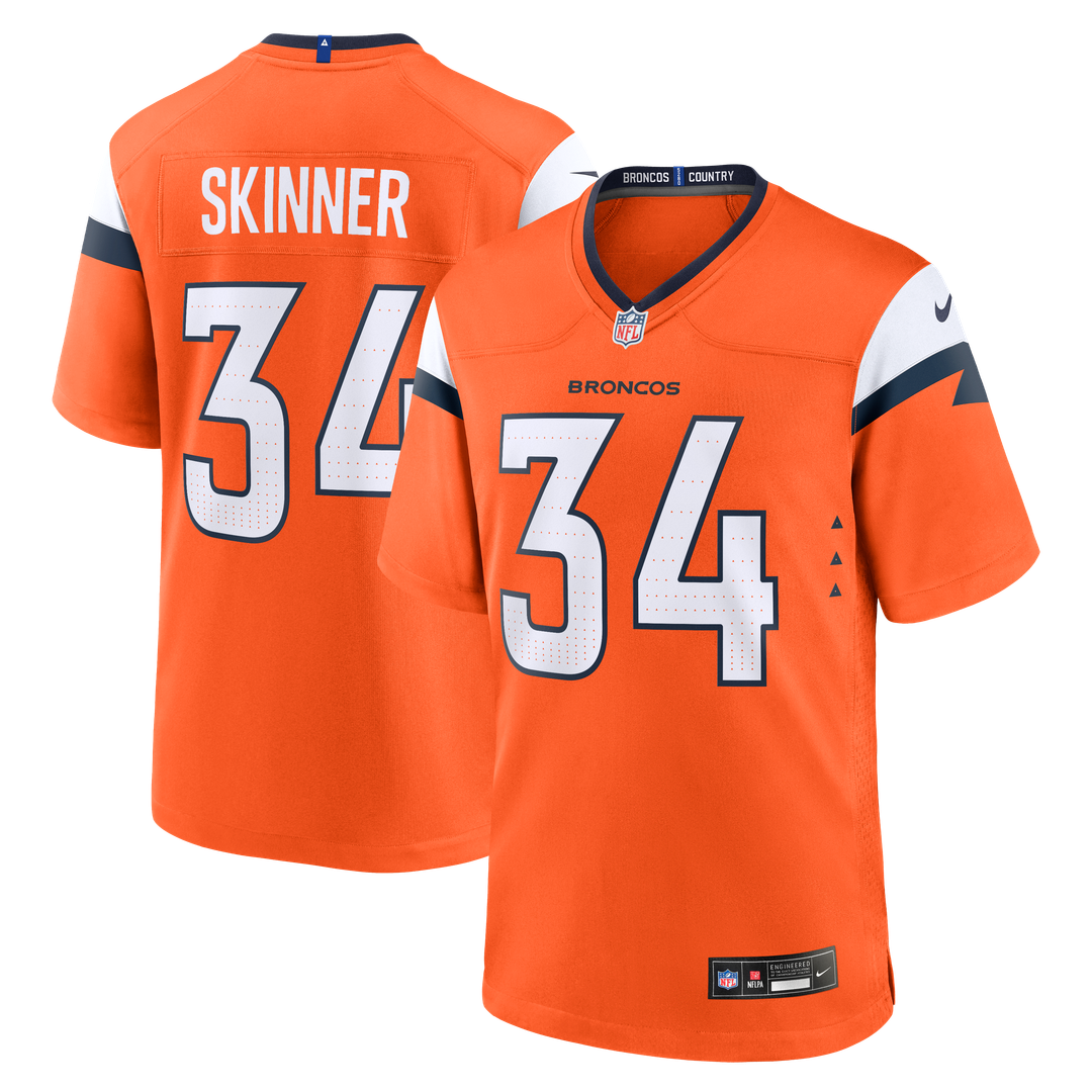 Denver Broncos JL Skinner Nike Orange Team Game Jersey product image 1, provided for visual reference and product detail