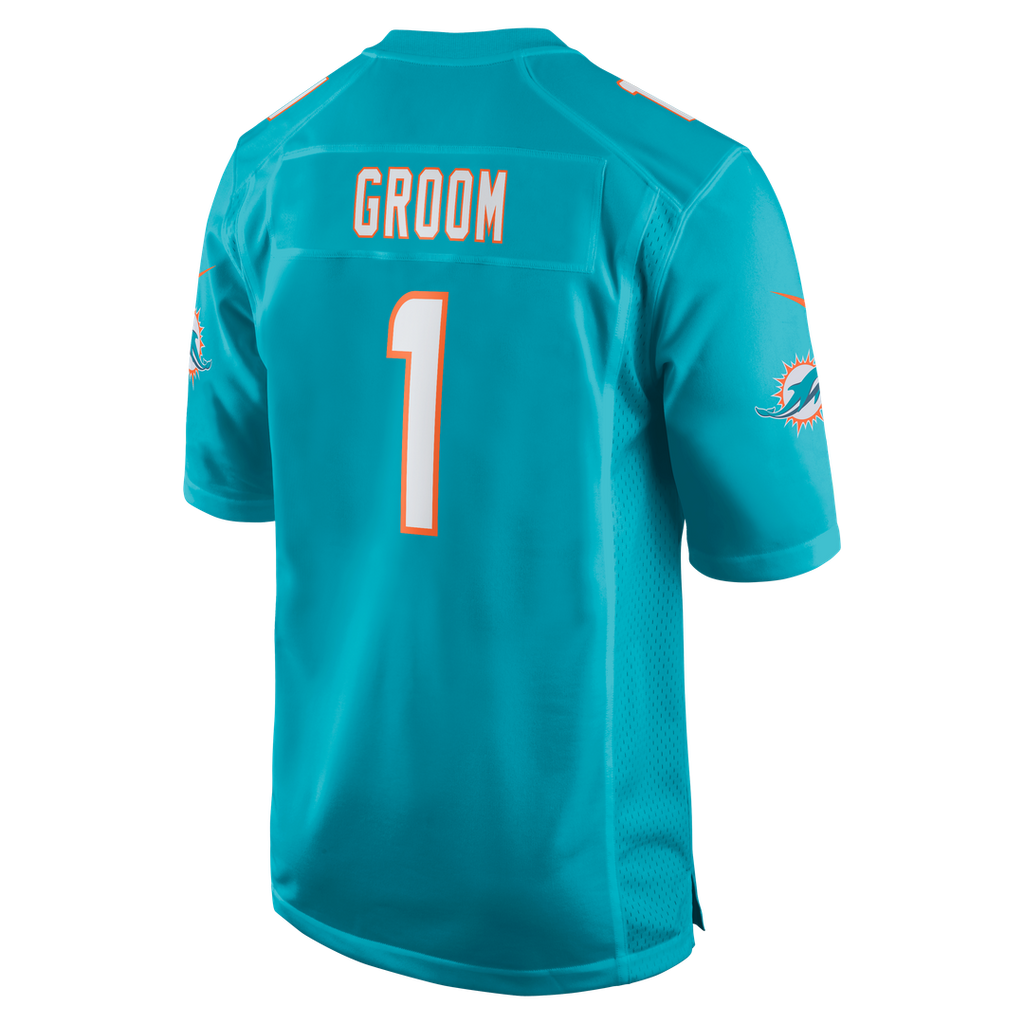 Miami Dolphins Number 1 Groom Nike Aqua Game Jersey product image 3, provided for visual reference and product detail review