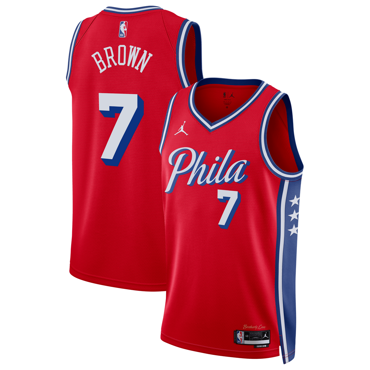 hiladelphia 76ers Jordan Brand Statement Edition Swingman Jersey - Red - Jaylen Brown - Unisex product image 1, provided for