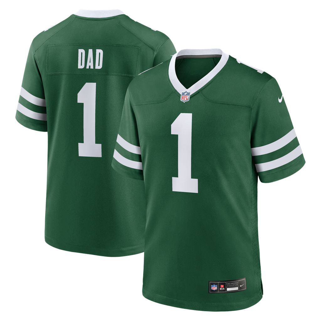 New York Jets Nike Legacy Green #1 Dad Game Jersey product image 1, provided for visual reference and product detail review