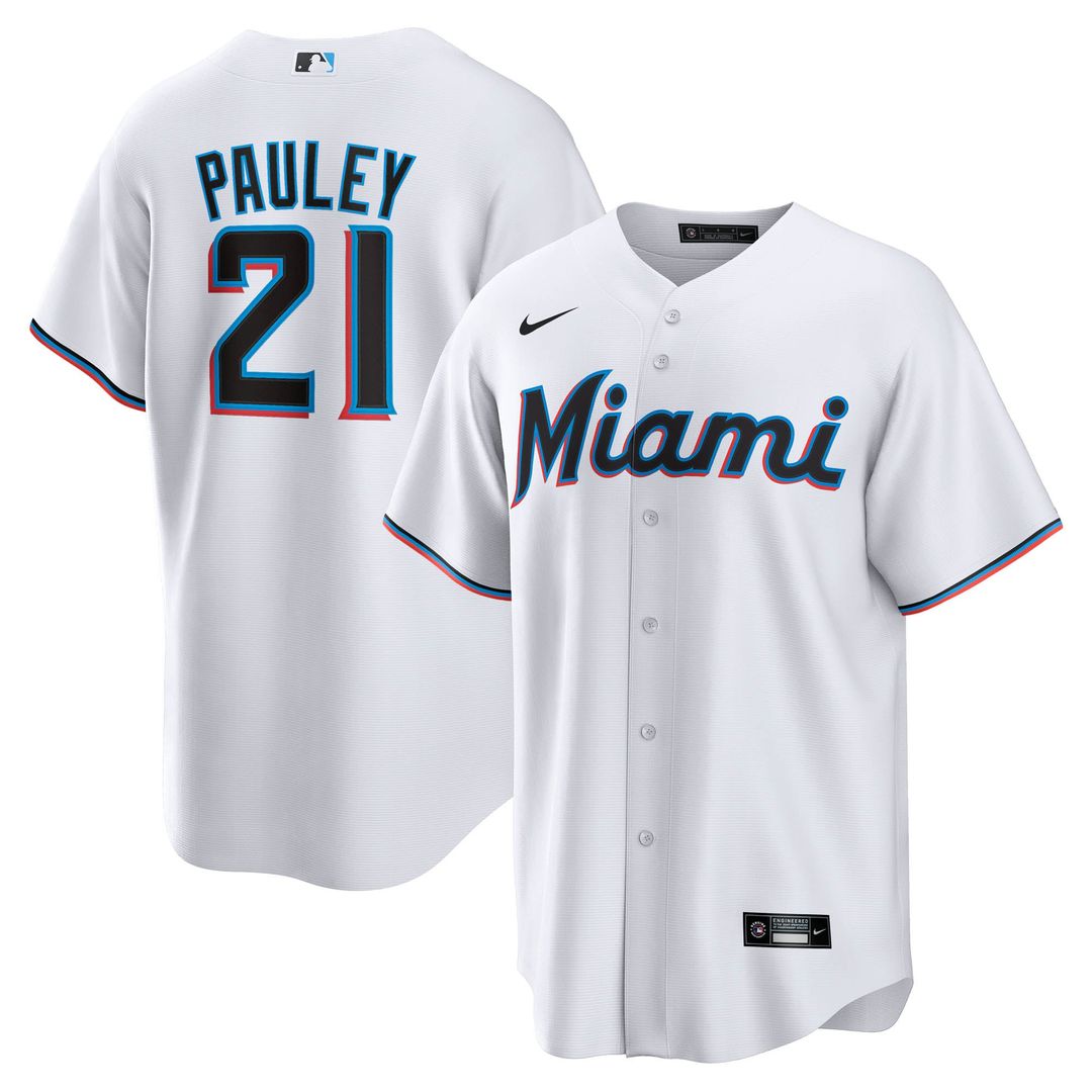 Miami Marlins Graham Pauley Nike White Home Replica Jersey product image 1, provided for visual reference and product detail