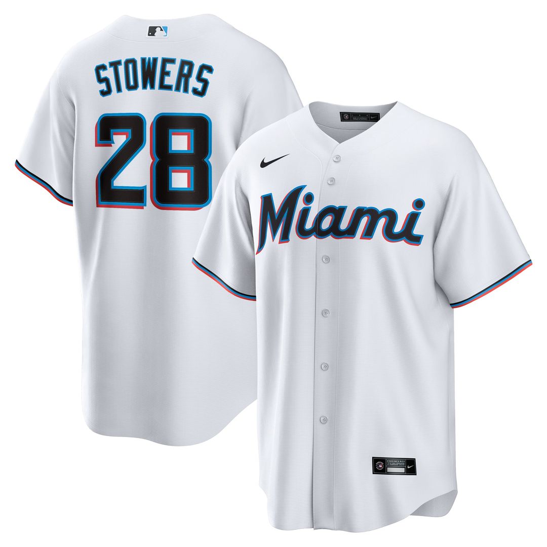 Miami Marlins Kyle Stowers Nike White Home Replica Jersey product image 1, provided for visual reference and product detail