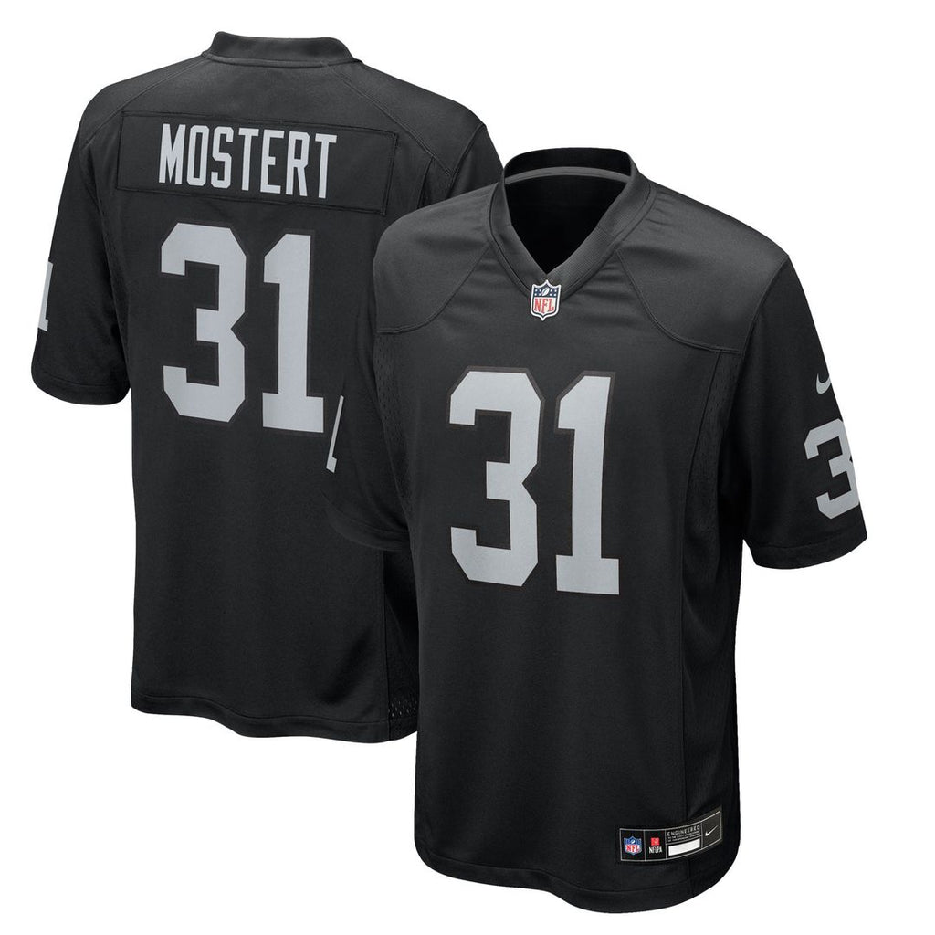 Las Vegas Raiders Raheem Mostert Nike Black Team Game Jersey product image 1, provided for visual reference and product