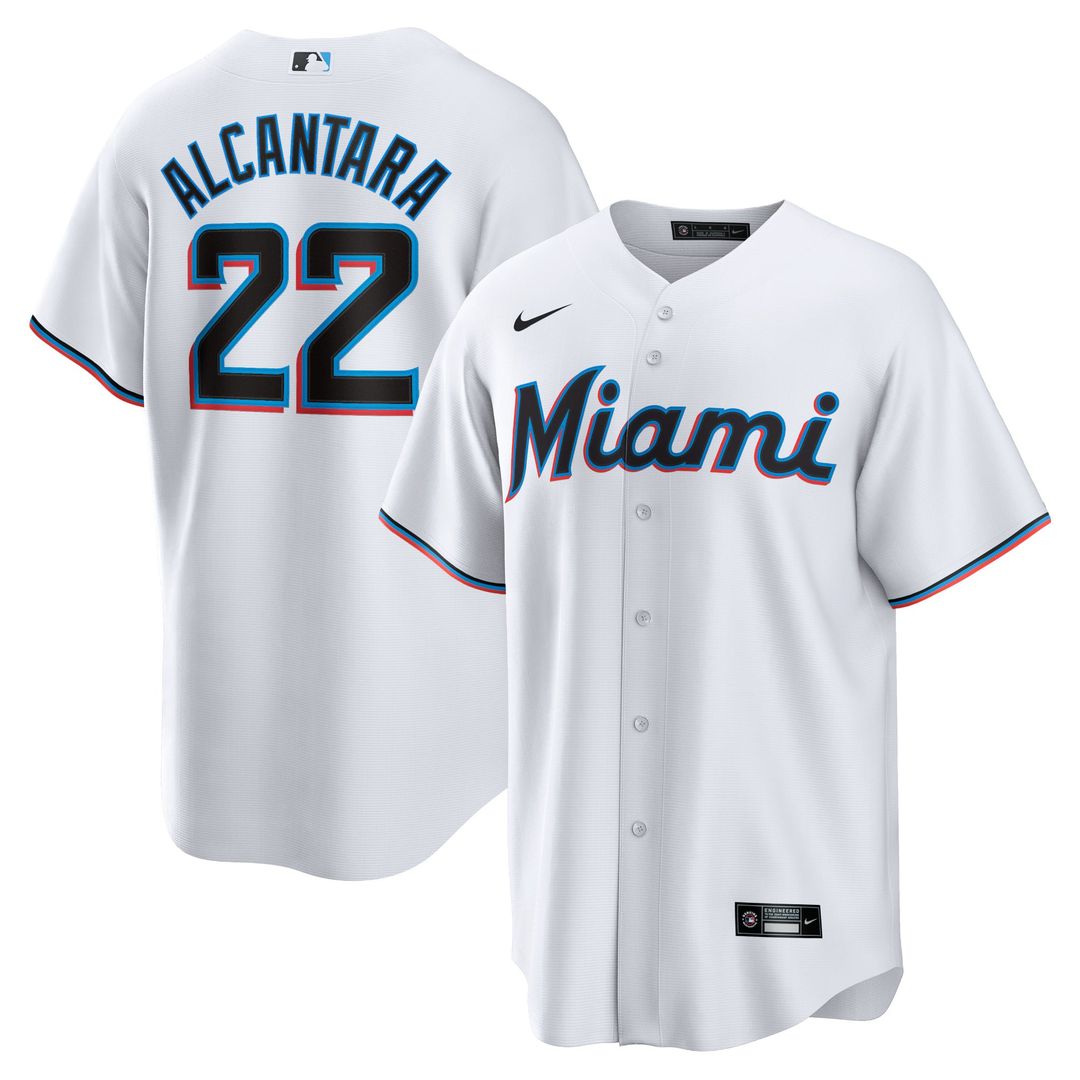 Miami Marlins Sandy Alcantara Nike White Replica Player Jersey product image 1, provided for visual reference and product