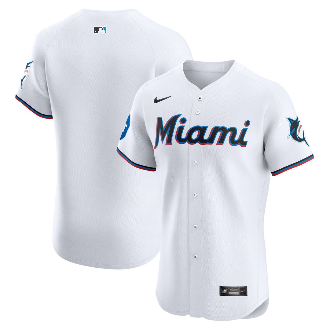 Miami Marlins Nike White Home Elite Patch Jersey product image 1, provided for visual reference and product detail review