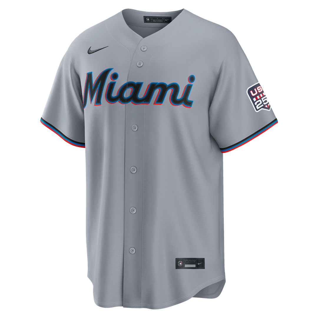 Fourth of July Miami Marlins Kyle Stowers Nike Gray USA 250 Stadium Jersey product image 2, provided for visual reference