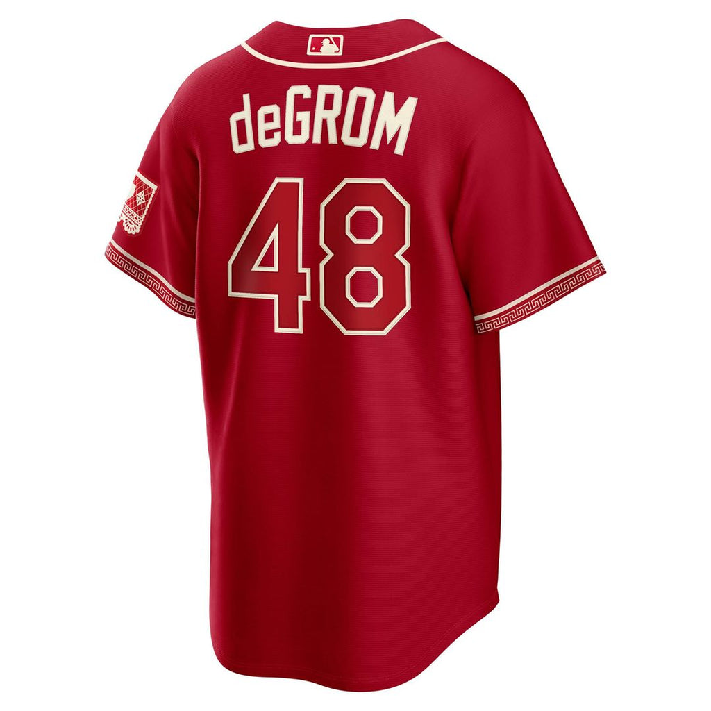 Texas Rangers Jacob deGrom Nike Red 2026 City Connect Stadium Jersey product image 3, provided for visual reference and
