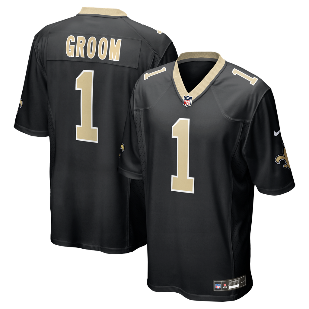 New Orleans Saints Number 1 Groom Nike Black Game Jersey product image 1, provided for visual reference and product detail