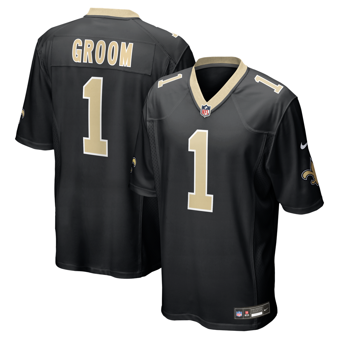 New Orleans Saints Number 1 Groom Nike Black Game Jersey product image 1, provided for visual reference and product detail