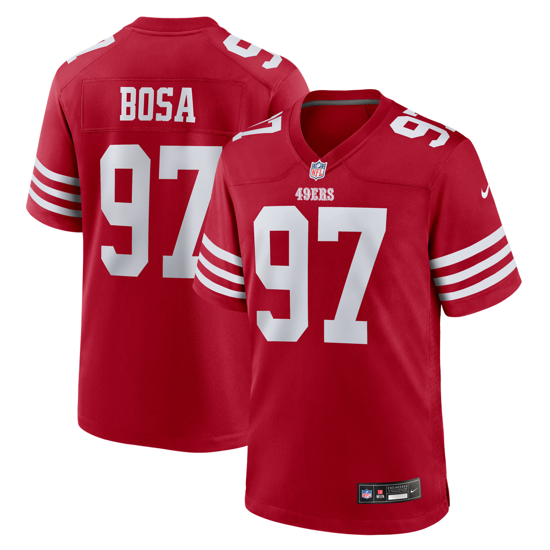 San Francisco 49ers Nick Bosa Nike Scarlet Team Game Jersey product image 1, provided for visual reference and product