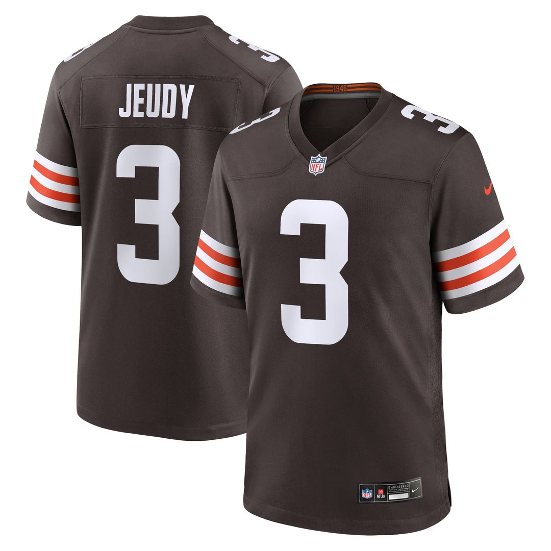 Cleveland Browns Jerry Jeudy Nike Brown Game Jersey product image 1, provided for visual reference and product detail review