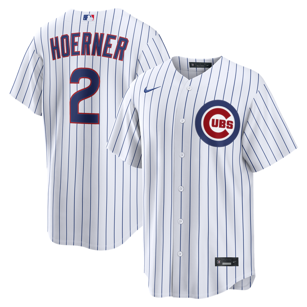 Chicago Cubs Nico Hoerner Nike White Home Replica Jersey product image 1, provided for visual reference and product detail