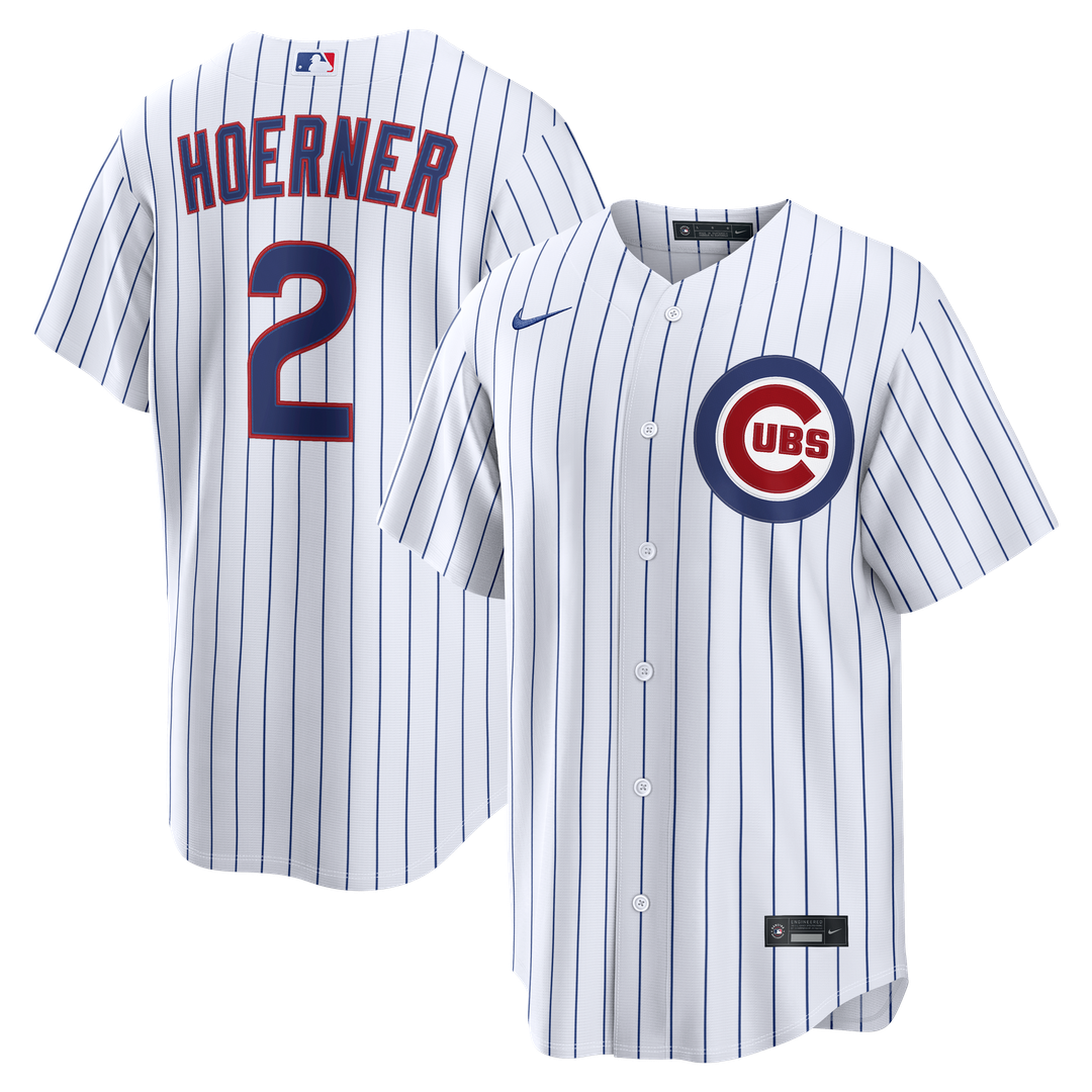 Chicago Cubs Nico Hoerner Nike White Home Replica Jersey product image 1, provided for visual reference and product detail