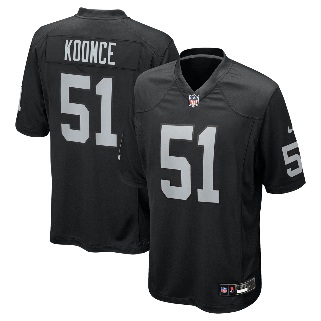 Las Vegas Raiders Malcolm Koonce Nike Black Game Jersey product image 1, provided for visual reference and product detail
