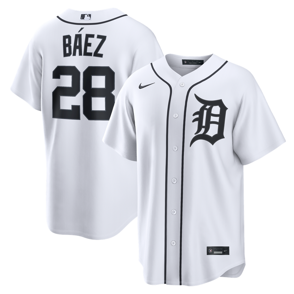 Detroit Tigers Javier Báez Nike White Home Replica Jersey product image 1, provided for visual reference and product detail